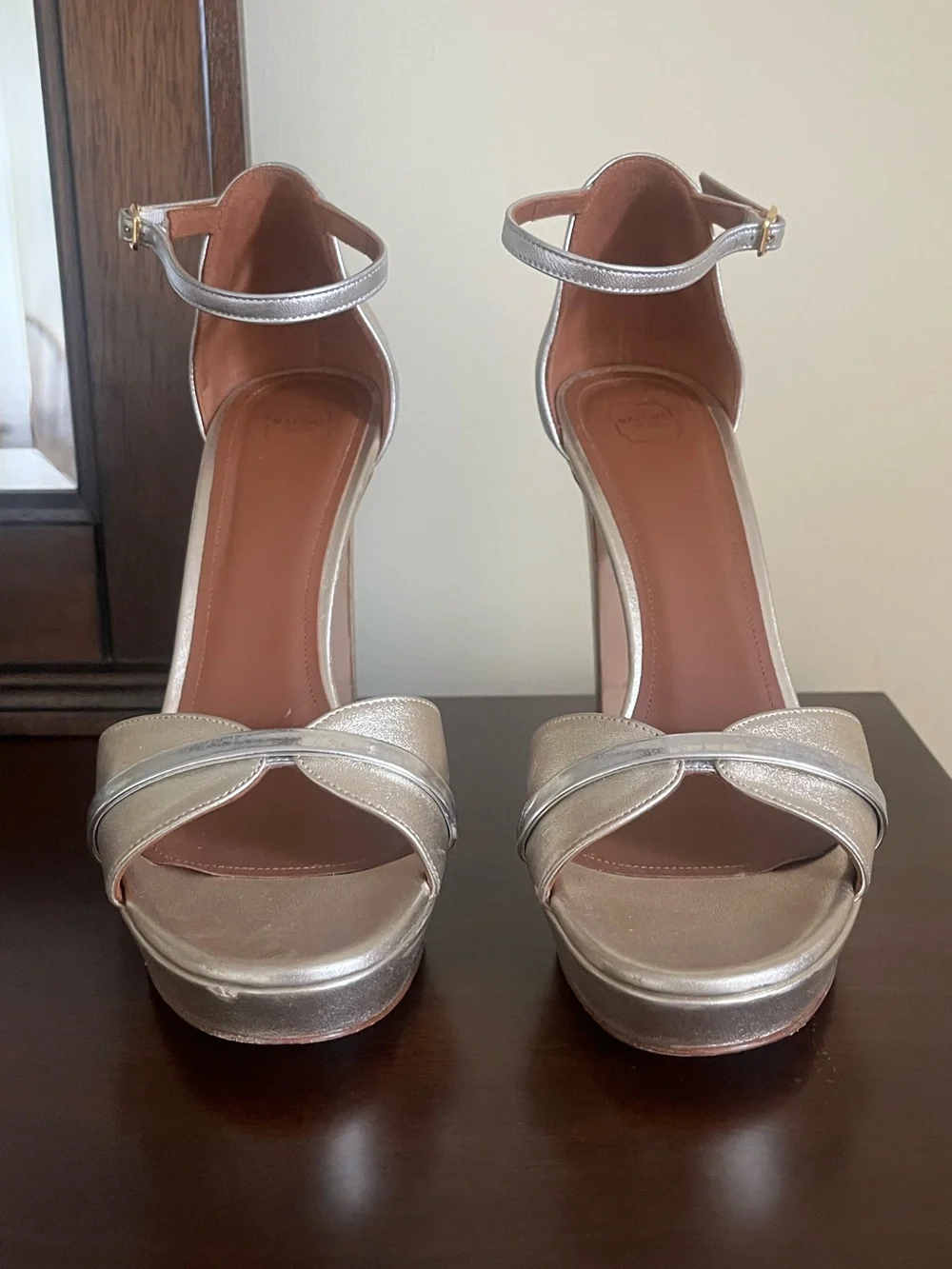 Malone Souliers Silver Metallic Platform Ankle-Strap Heels